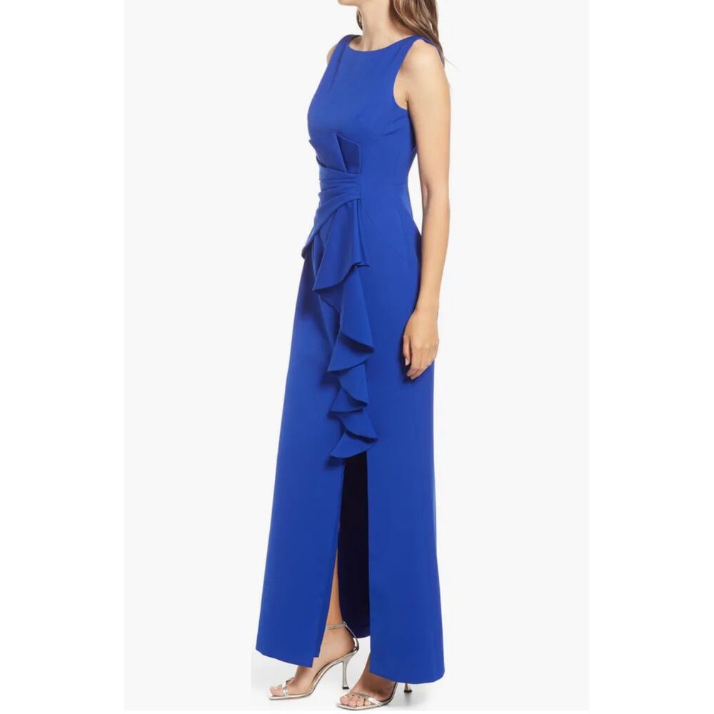 Eliza J Ruffle Front Cobalt Blue Gown - Picture 2 of 13